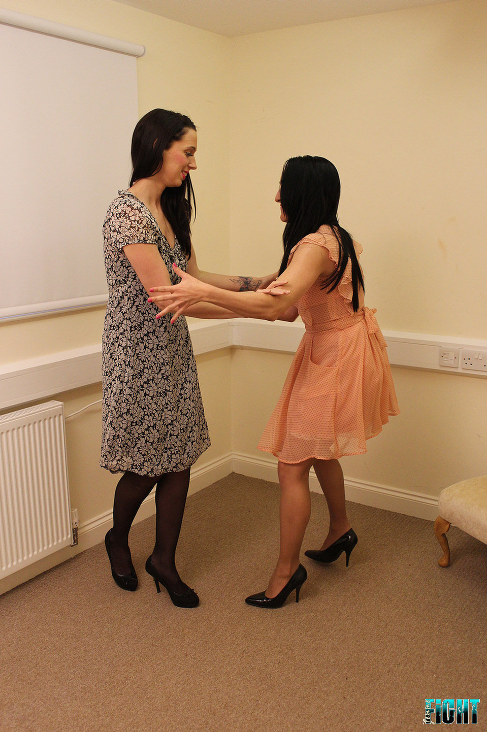 stockings, suspenders and knickers, go at each other in this catfight, tear...